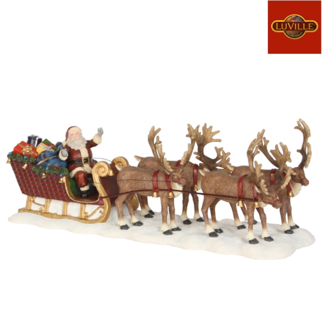 LuVille Kerstdorp Miniatuur Kerstman met zijn Rendierenslee - L21 x B6,5 x H8 cm