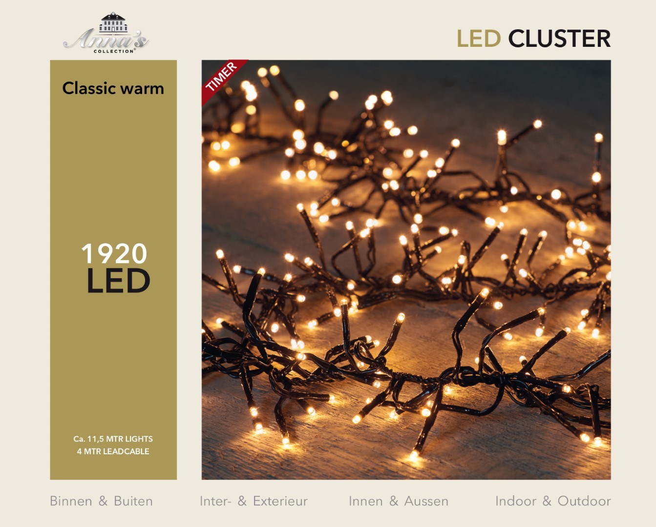 Led classic cluster lights 1920l/11.5m - 4m aanloopsnoer zwart - bi-bui trafo Anna's collection