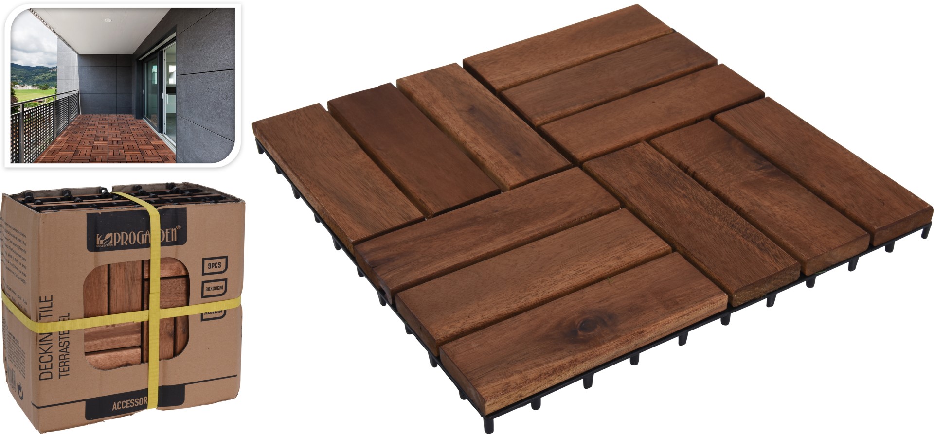 Terrastegels acaciahout mozaïk set 9 stuks - 30x30cm - tuintegels
