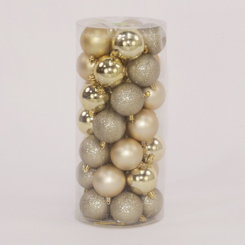 35 Onbreekbare kerstballen in koker diameter 6 cm champagne classic