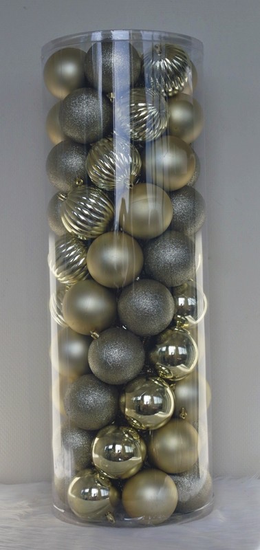 69 Onbreekbare kerstballen in koker doorsnee 8 cm champagne watermeloen