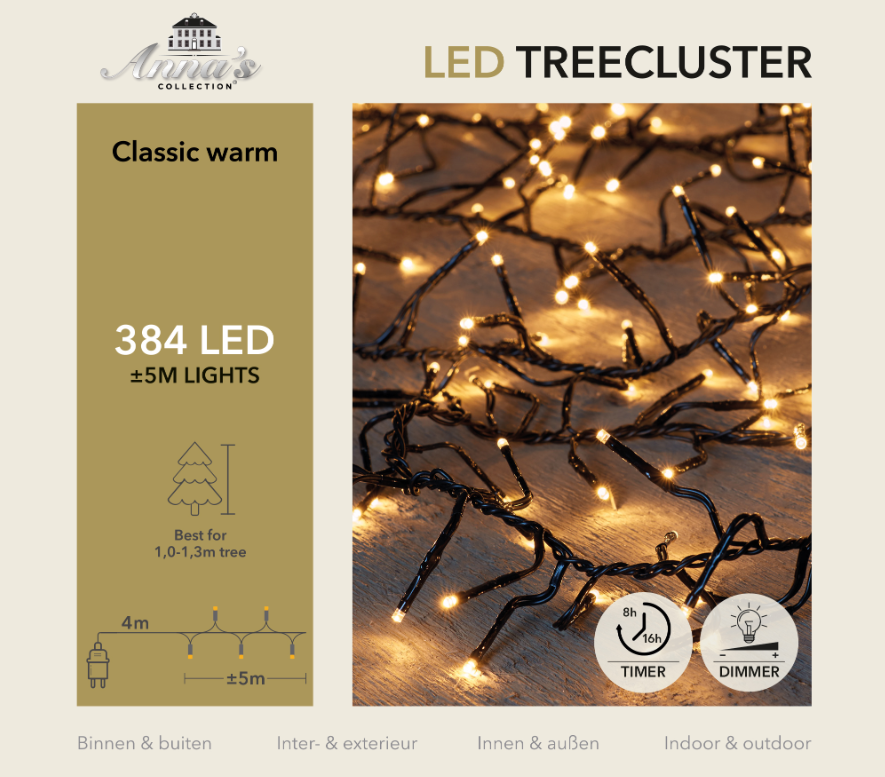 1-1,3 meter treecluster 5 meter / 384 LED classic warm met timer - Anna's Collection