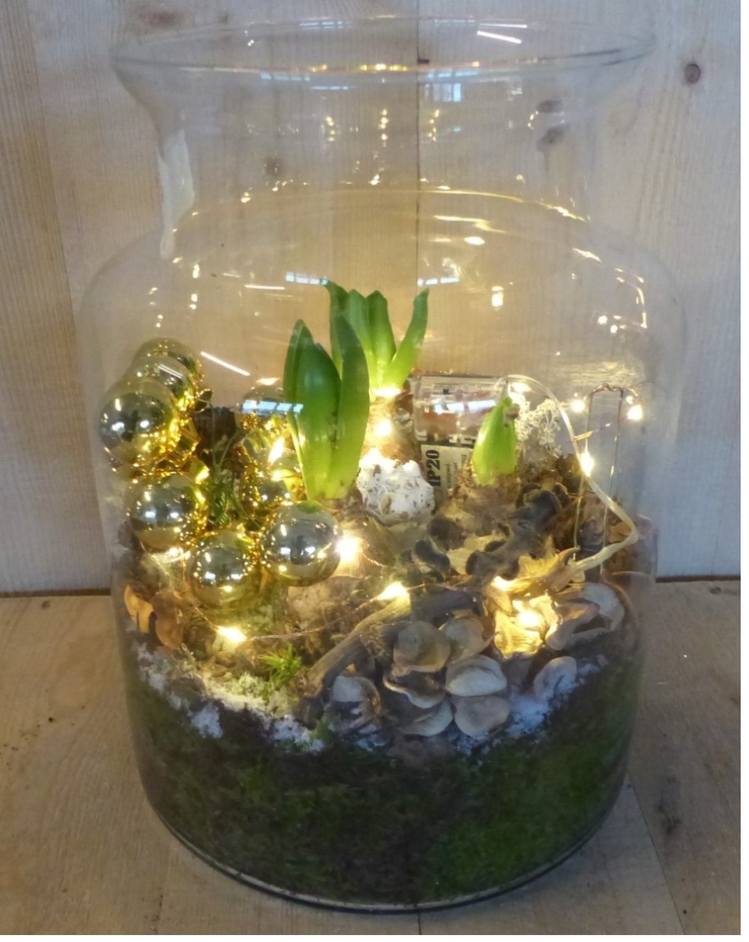 Kerststukje 'Kirov' melkfles glas 30 cm hoog hyacinten met lampjes en gouden kerstballetjes - Warentuin Natuurlijk