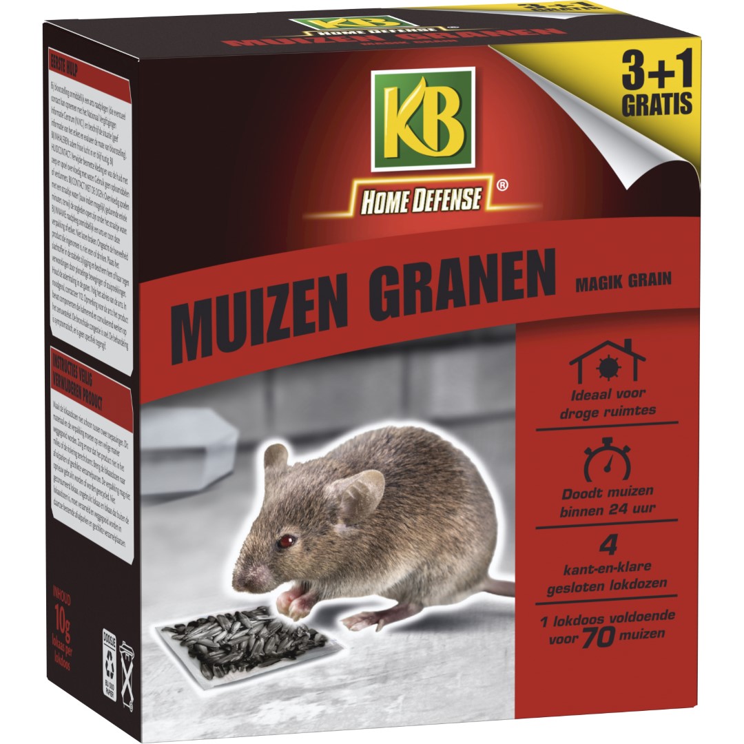 KB Home Defense Muizenlokdoos Magik Grain (granen) - Muizenval - Muizen granen (10g) voldoende voor 70 muizen - 3+1 gratis - Muizengif - Werkt binnen 24 uur
