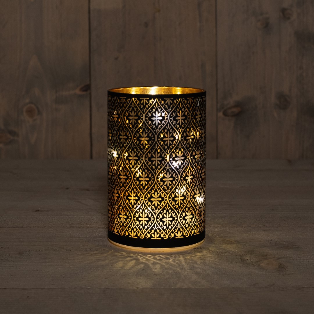 Cylinder Glass Baroque Black/Gold 10X15Cm / 8Led Warm W - Anna's Collection