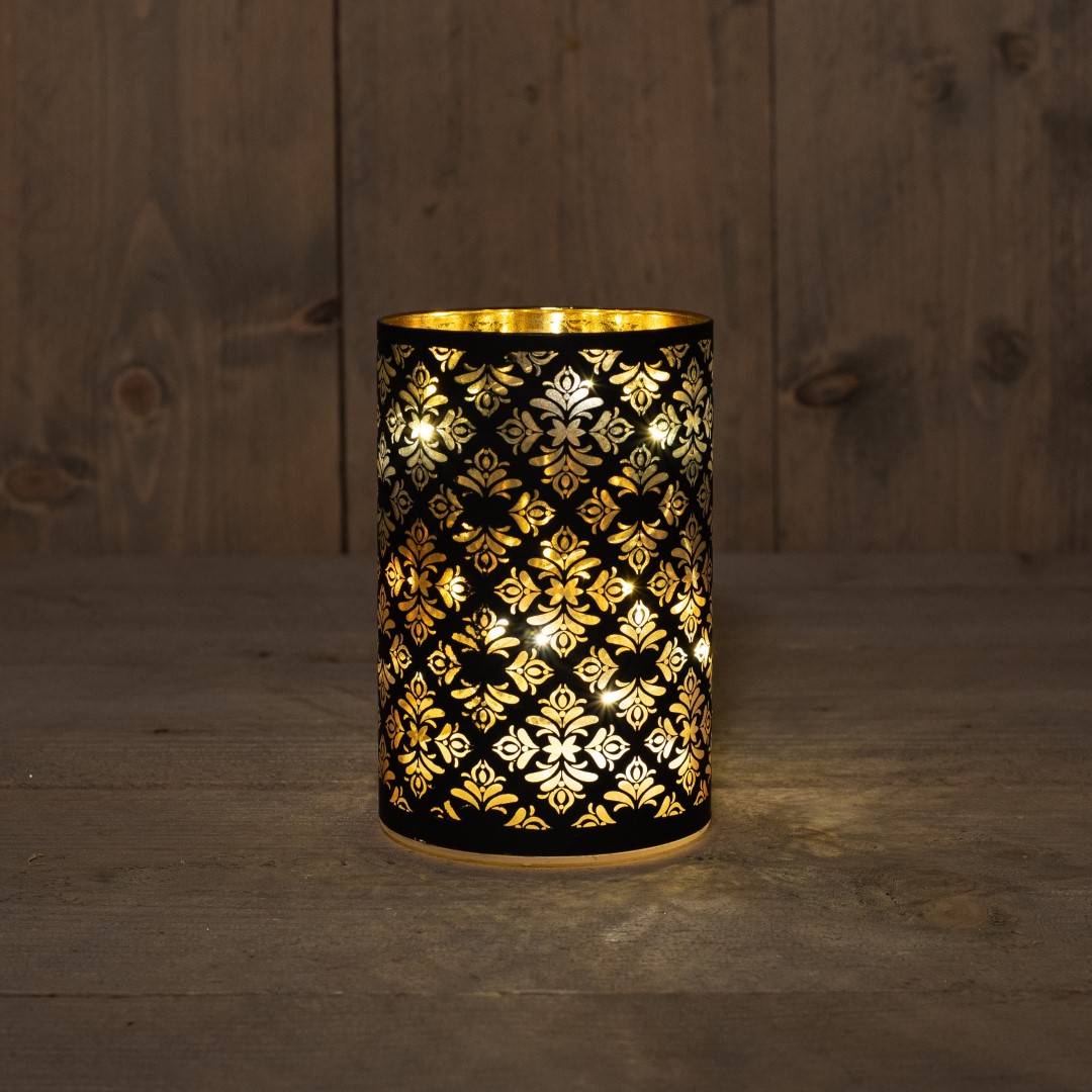 Cylinder Glass Baroque Black/Gold 10X15Cm / 8Led Warm W - Anna's Collection