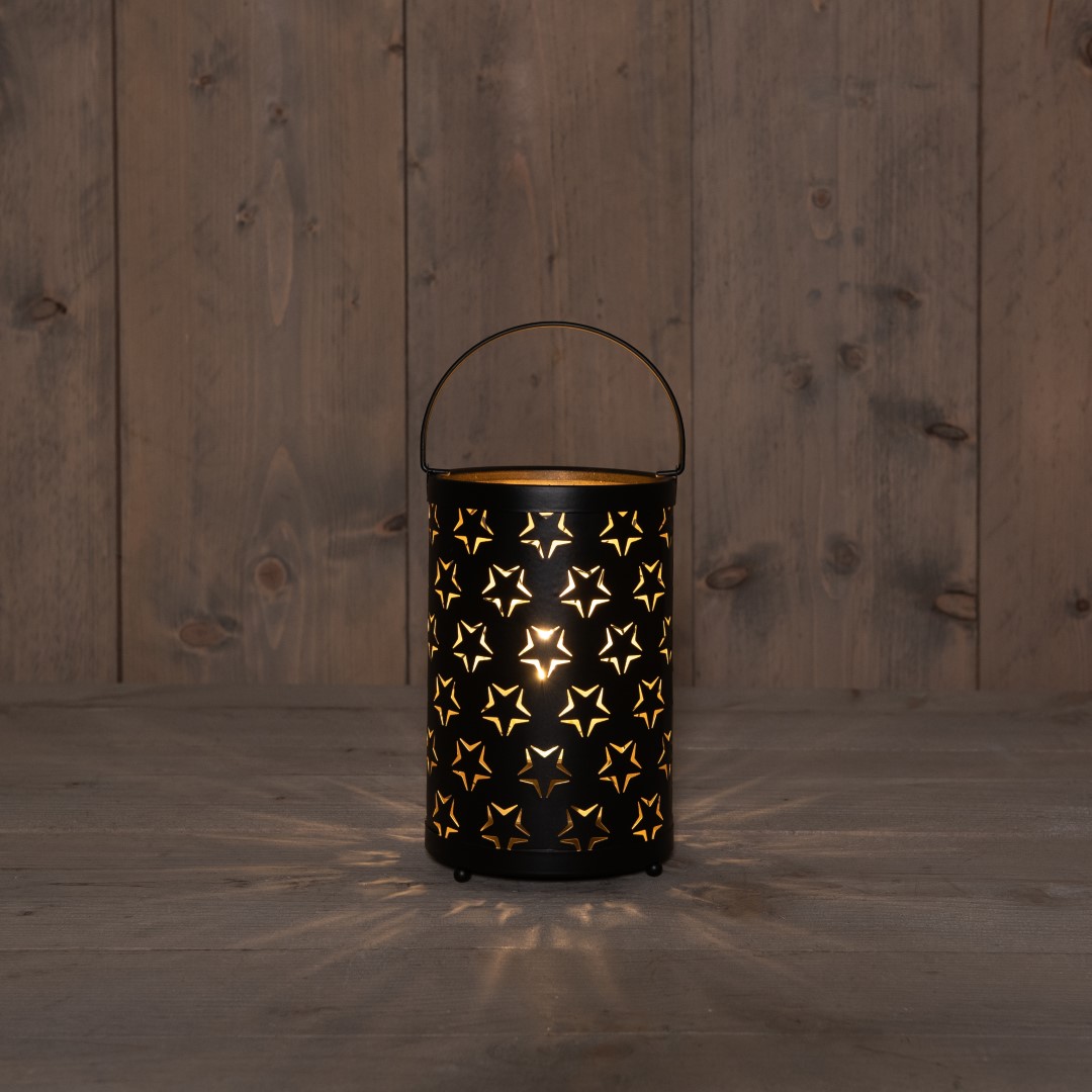 Anna Collection Led sfeer lantaarn - zwart met sterren - B12 x H19 cm