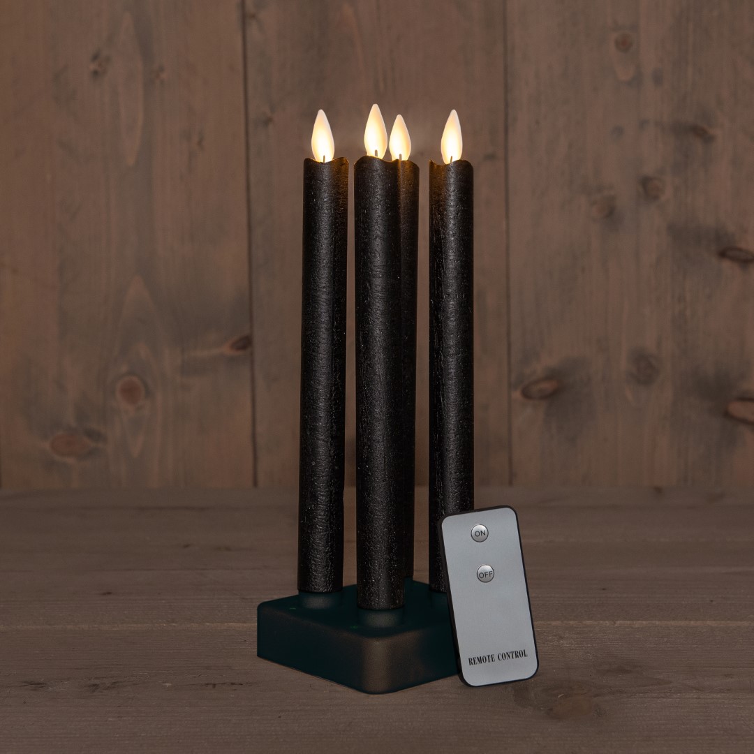 Set Of 4 Rechargeable Black Wax Taper Candle 23,5 cm Moving - Anna's Collection