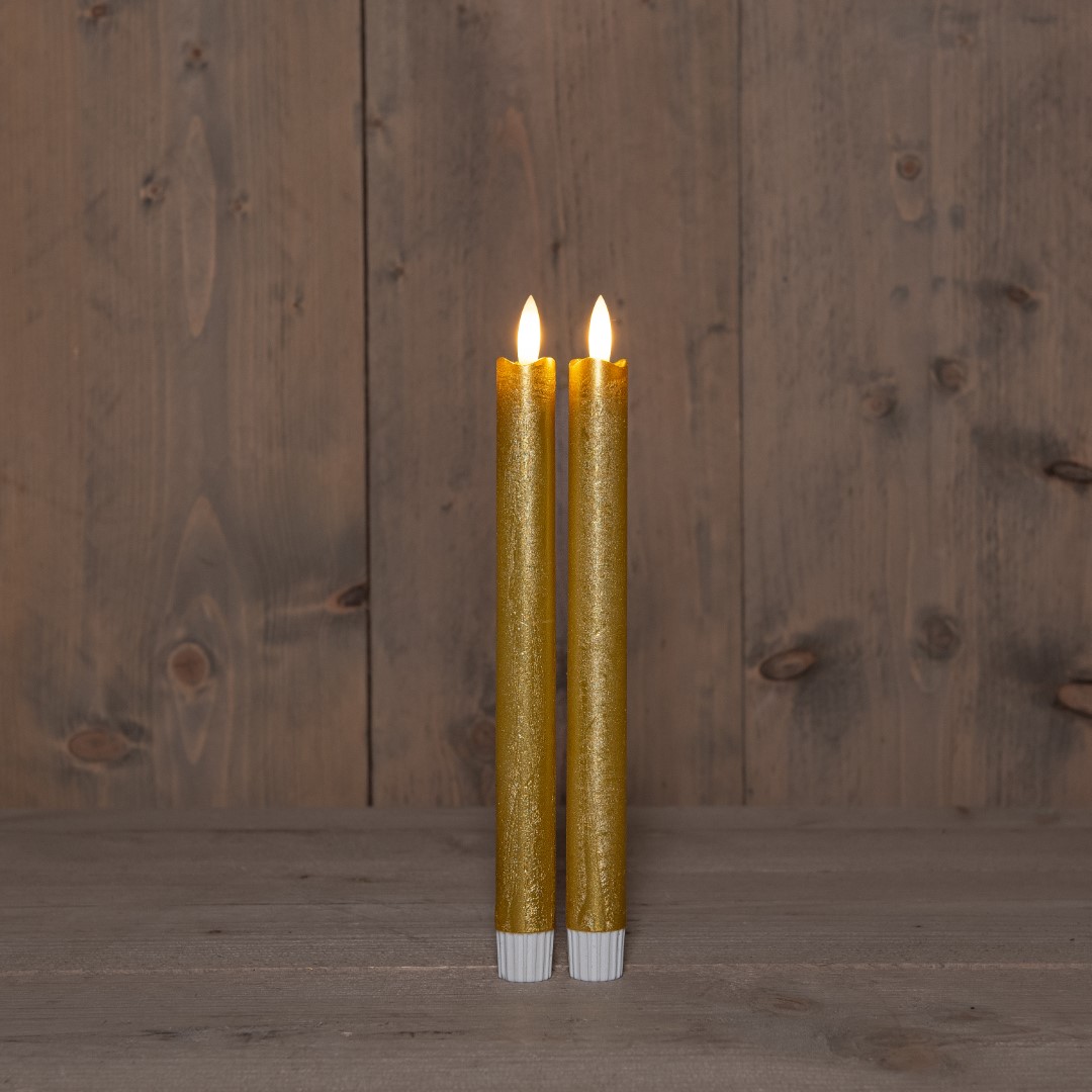 B.O. 2Pcs 3D Wick Gold Taper Candle 23 cm Rustic Wax Remote - Anna's Collection