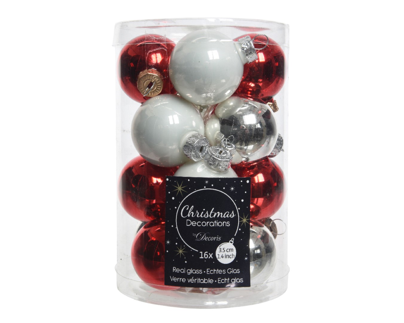 Kerstbal glas d3.5 cm wit/rood 16st kerst - Decoris