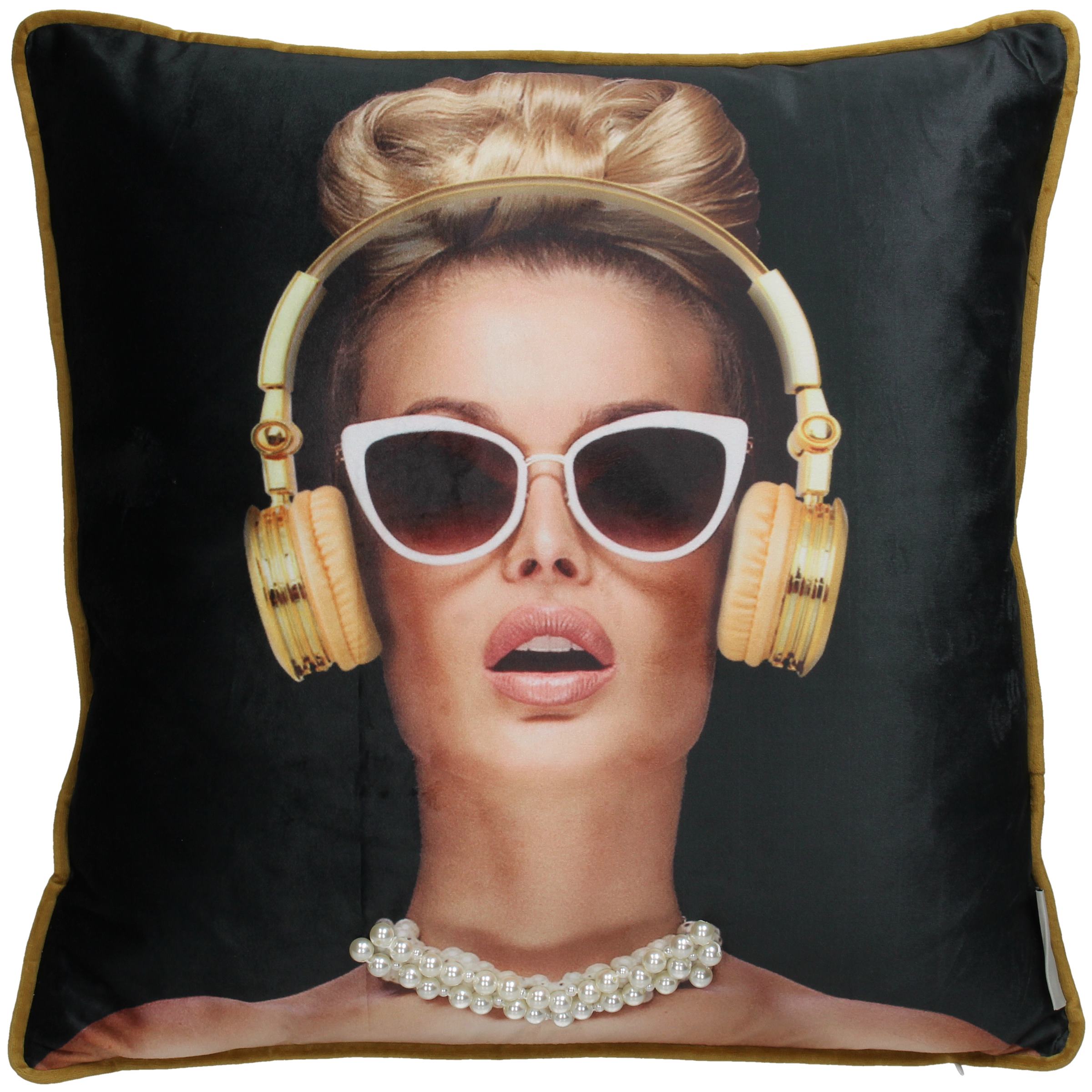 Kussen - Sierkussen - 45 x 45 cm - Inclusief vulling - Lady Headphone - met als leuk detail echte kralen ! ( de ketting ) - Velvet zwart met goudkleurige rand - HD collection -