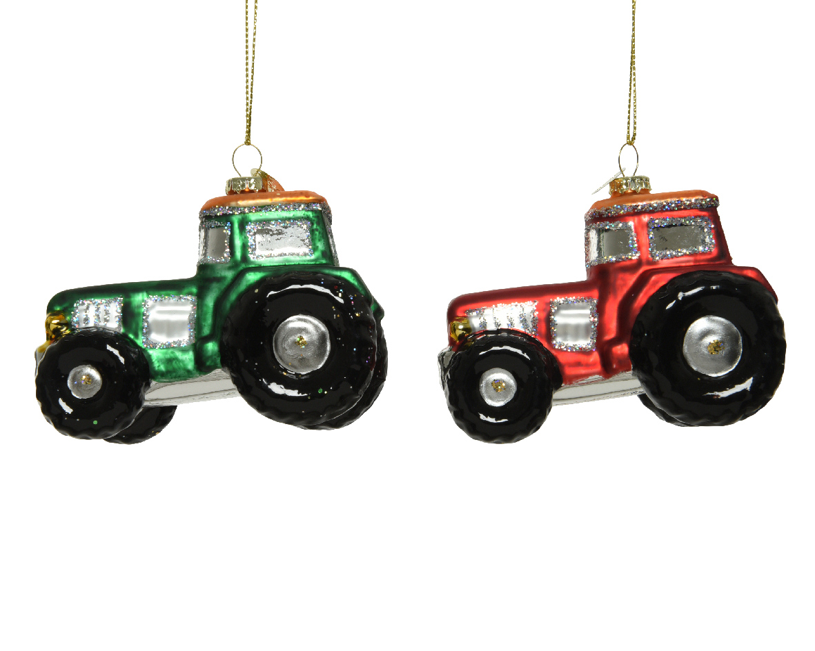 Decoris Ornament glas tractor rood groen 2ass L9.50-B5.20-H7.00cm