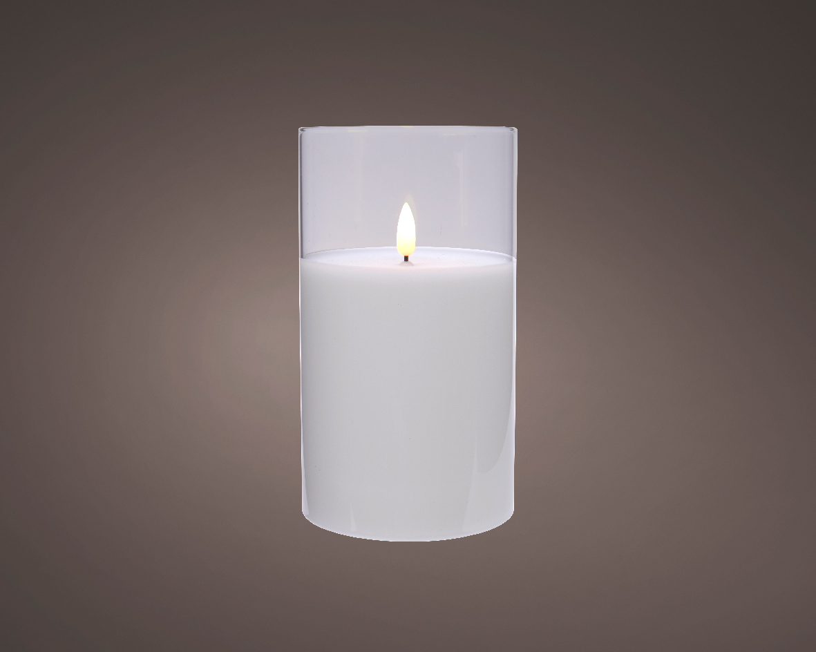LED kaars wit met helder glas en vlam effect - 7,5 x 12,5cm - voor binnen