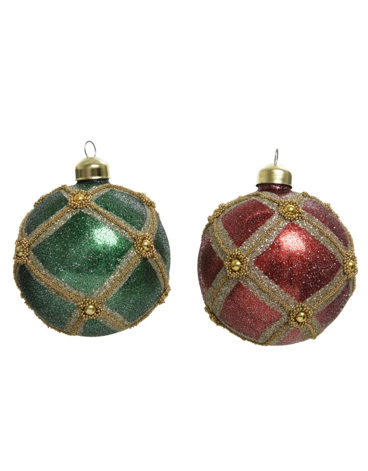 Kerstbal glas a2 rood/groen glitter-beads - Decoris