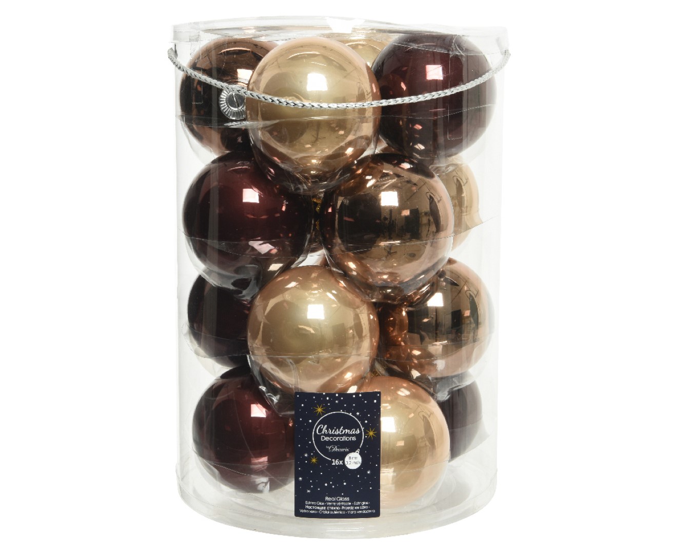Kerstballen glas d8 cm bruin 16st kerst - Decoris
