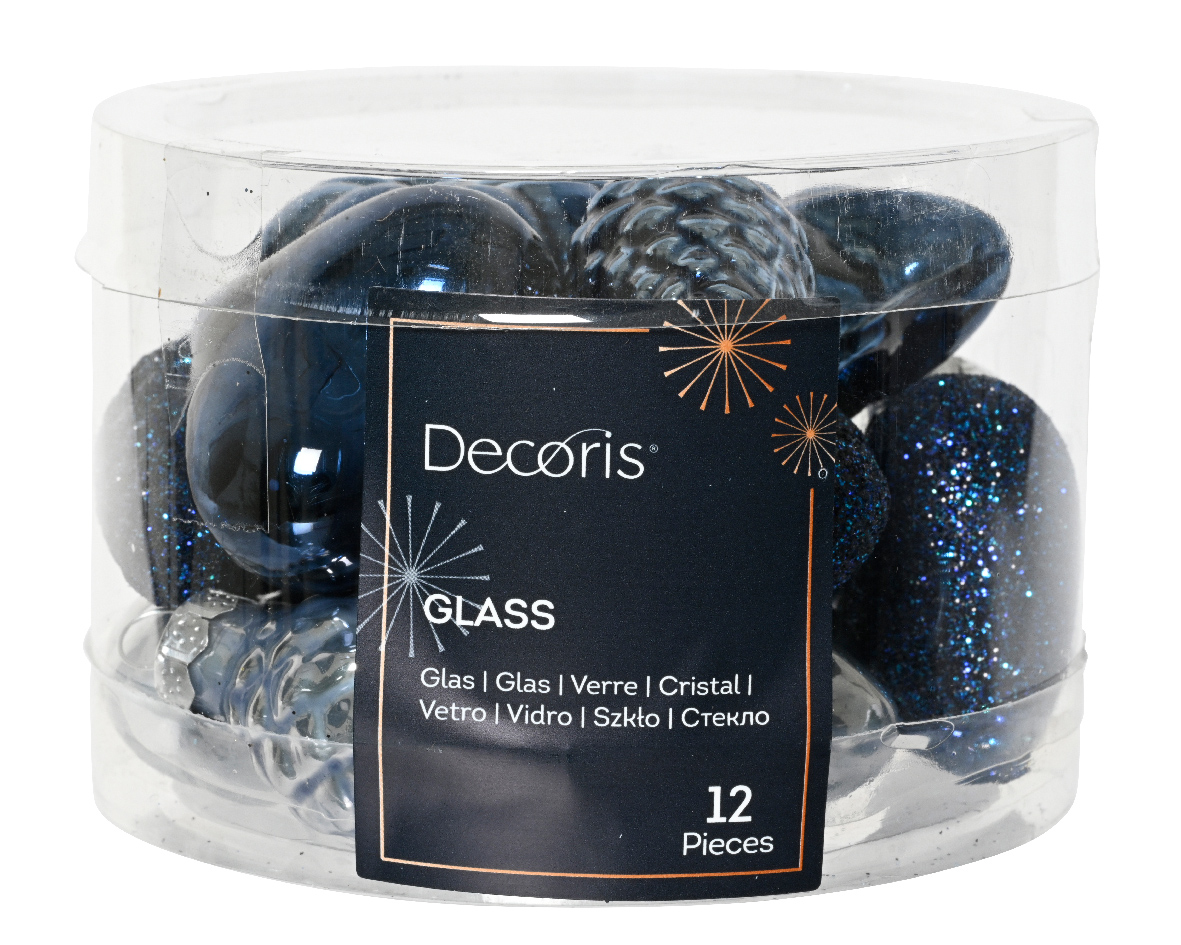 Figuur glas l2b4h4 cm blauw ass 12st kerst - Decoris