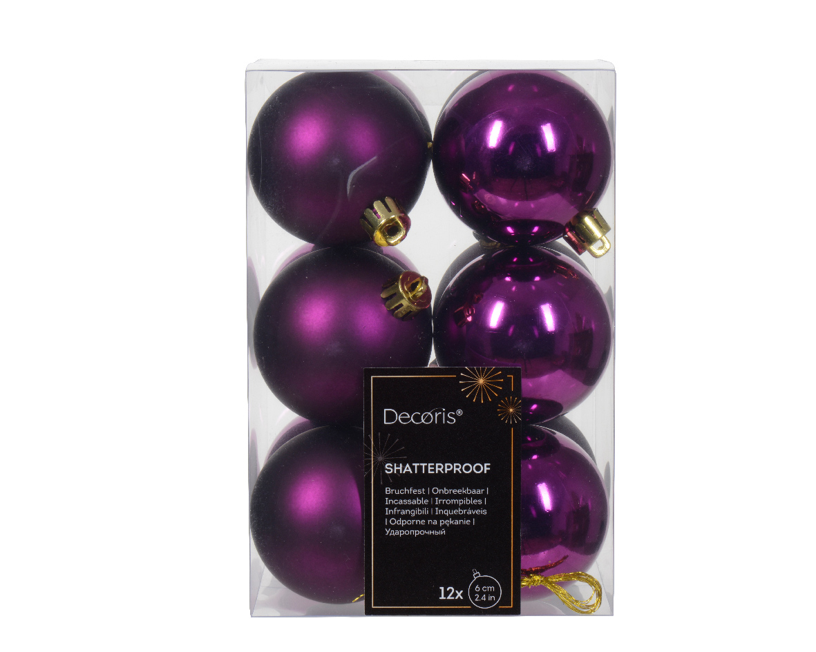 Decoris kerstballen - 12x - 6 cm - kunststof - paars