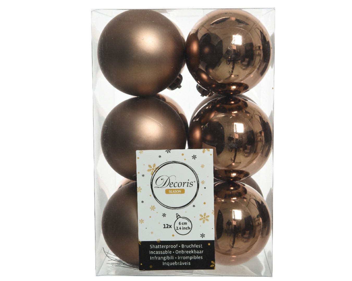 12x stuks kunststof kerstballen walnoot bruin 6 cm - Mat/glans - Onbreekbare plastic kerstballen