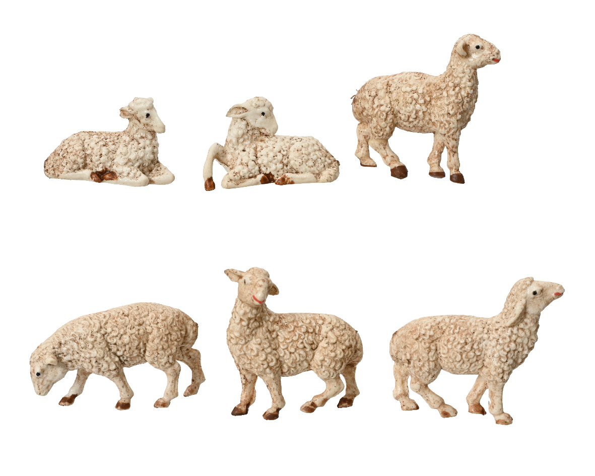 Decoris schapen beeldjes - 6x stuks - wit - 12 cm - hout - miniatuur beeldjes