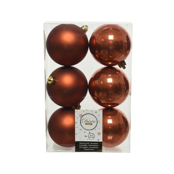 6 Onbreekbare kerstballen in box diameter 8 cm terra bruin - Decoris