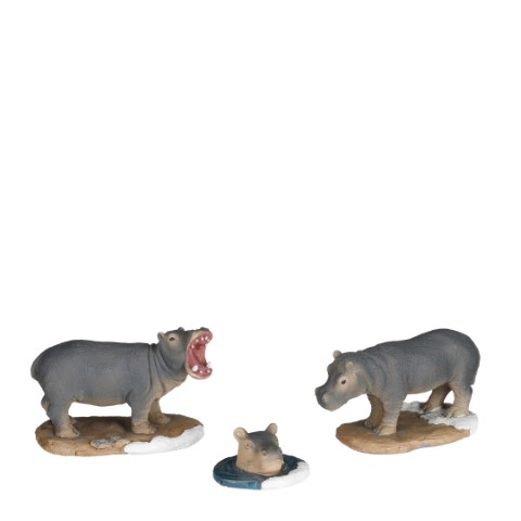 Luville - Hippopotamus family 3 stuks - l9,5xb5xh6cm - Kersthuisjes & Kerstdorpen