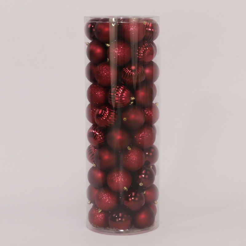 69 Onbreekbare kerstballen in koker diameter 8 cm bordeauxrood watermeloen - Oosterik Home